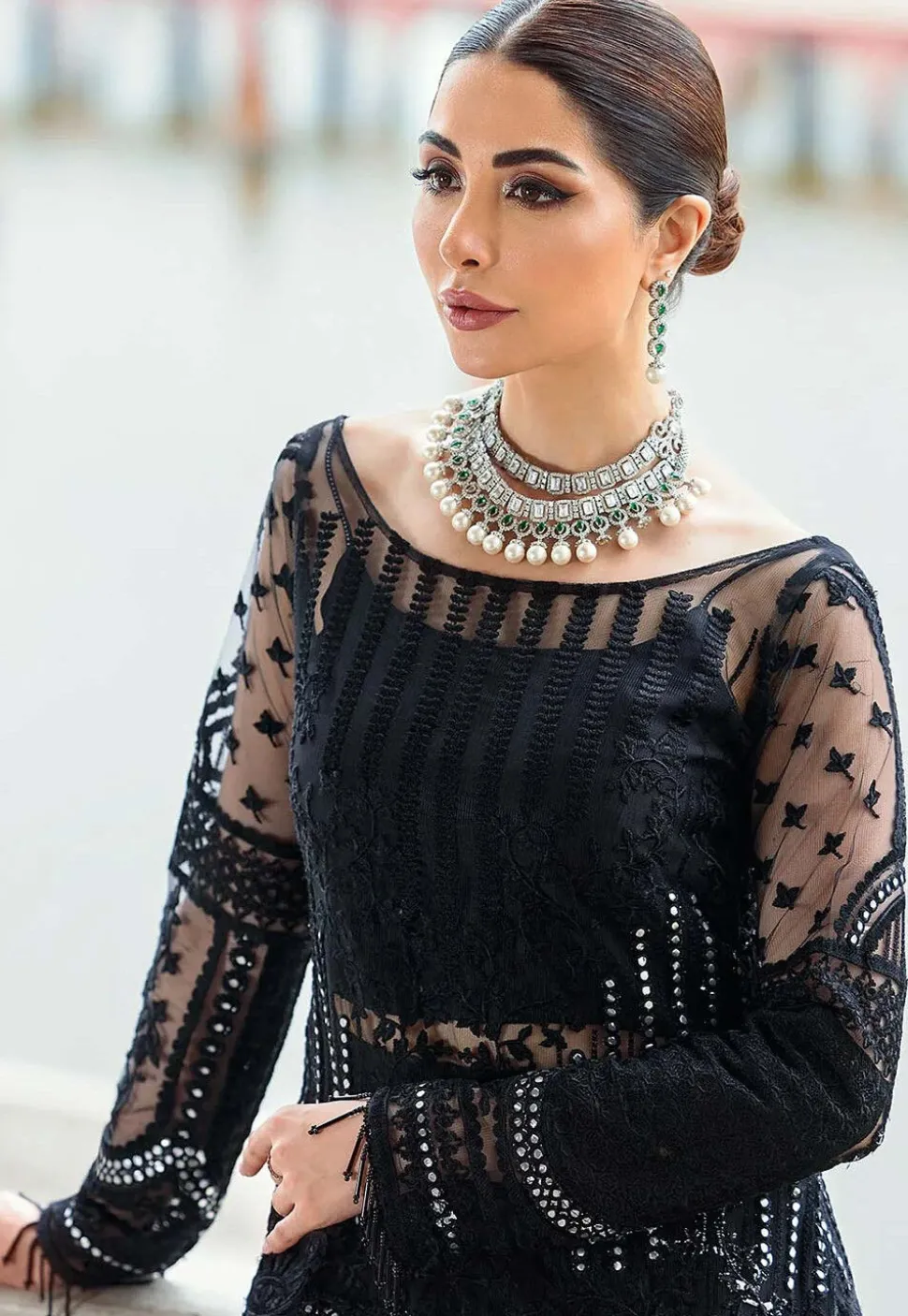 Embroidered Net Pakistani Suit in Black