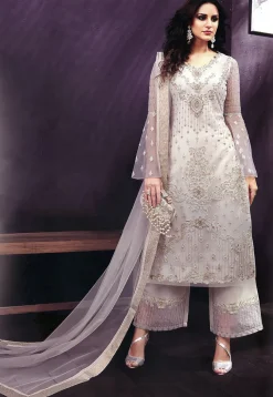 Embroidered Net Pakistani Suit in Off White