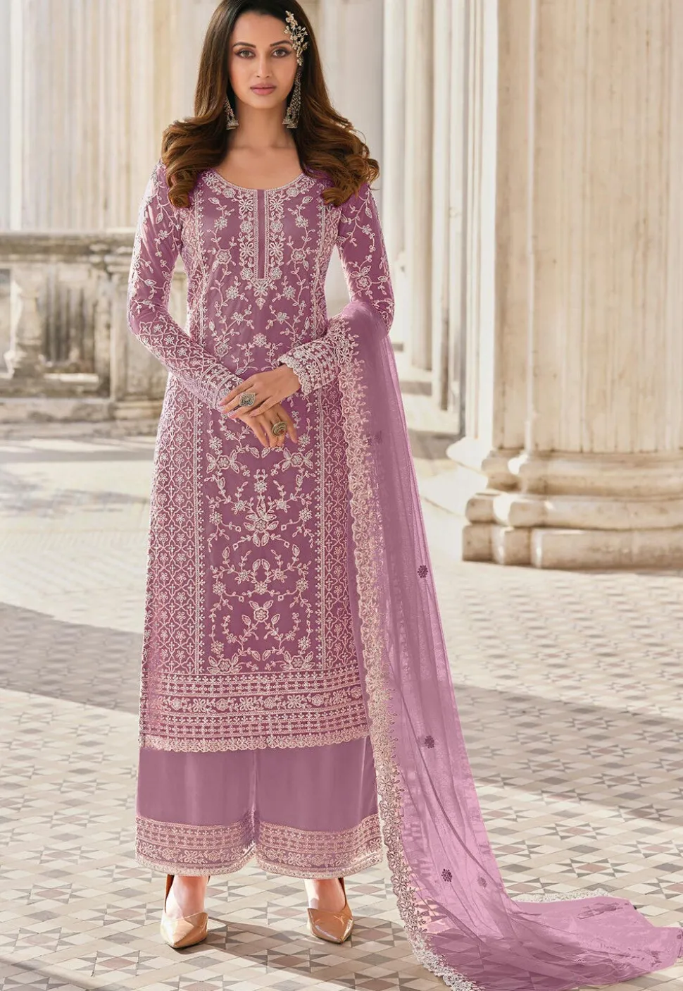 Embroidered Net Pakistani Suit in Purple