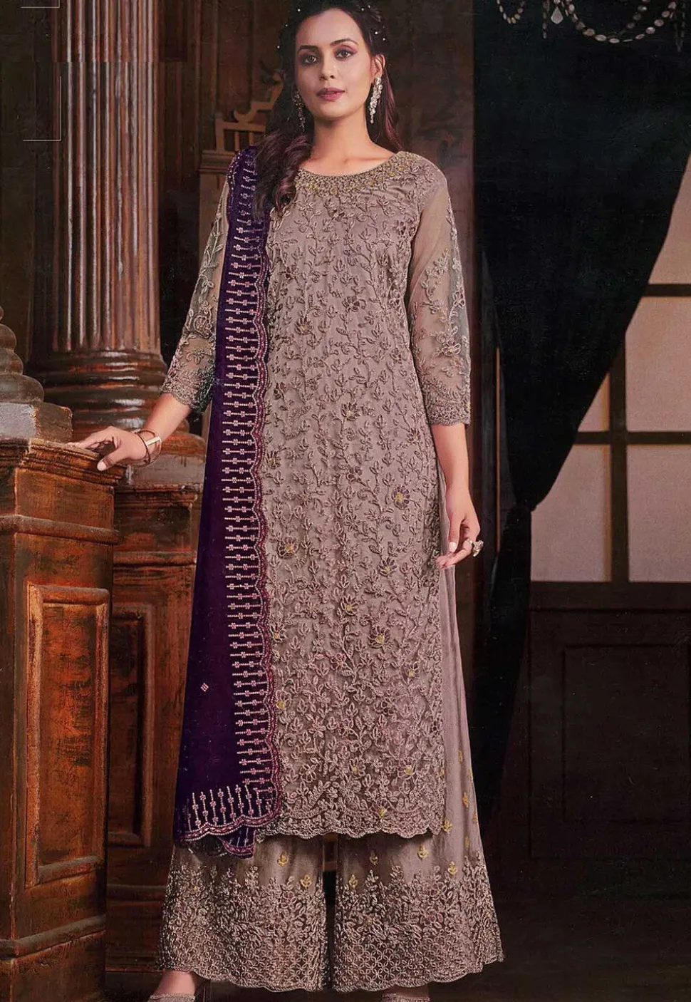 Embroidered Net Pakistani Suit in Dusty Purple