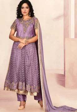 Embroidered Net Pakistani Suit in Dusty Purple