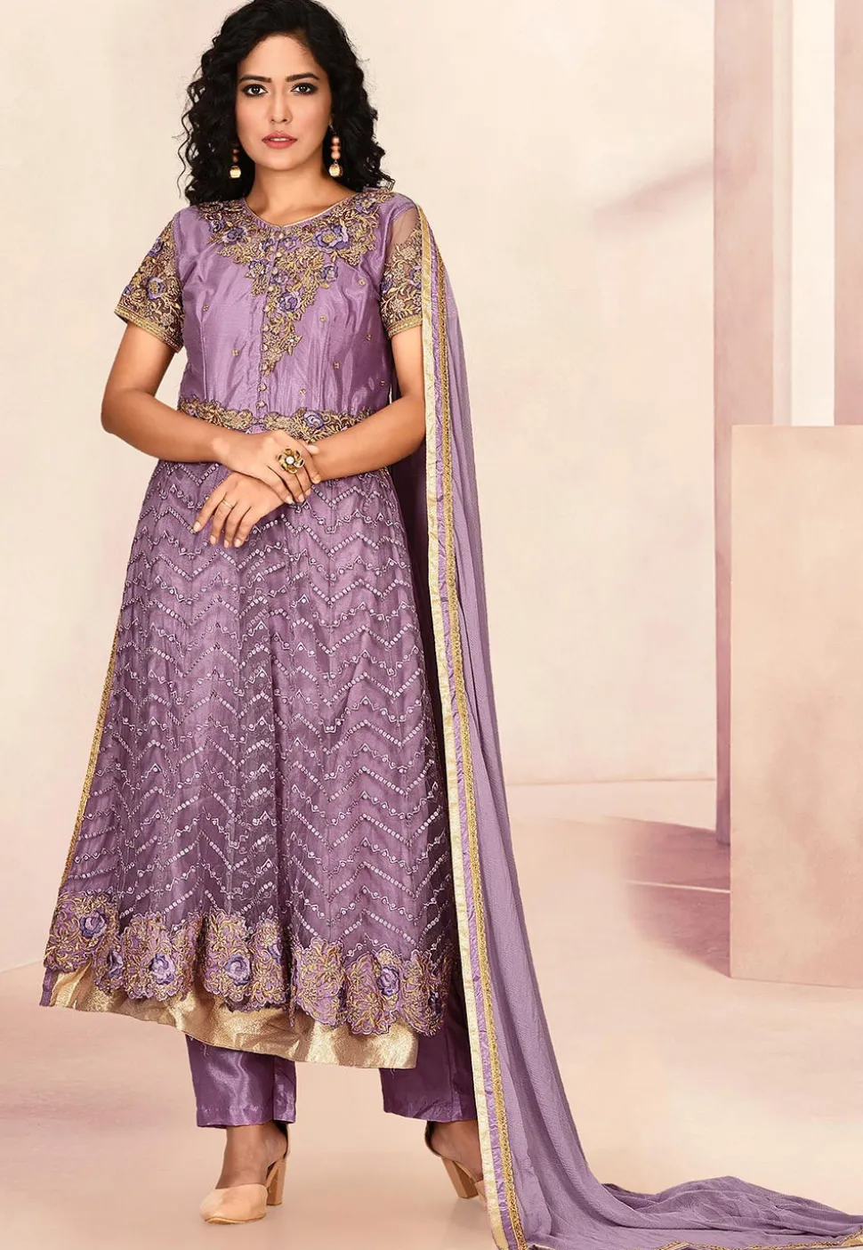 Embroidered Net Pakistani Suit in Dusty Purple