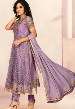 Embroidered Net Pakistani Suit in Dusty Purple