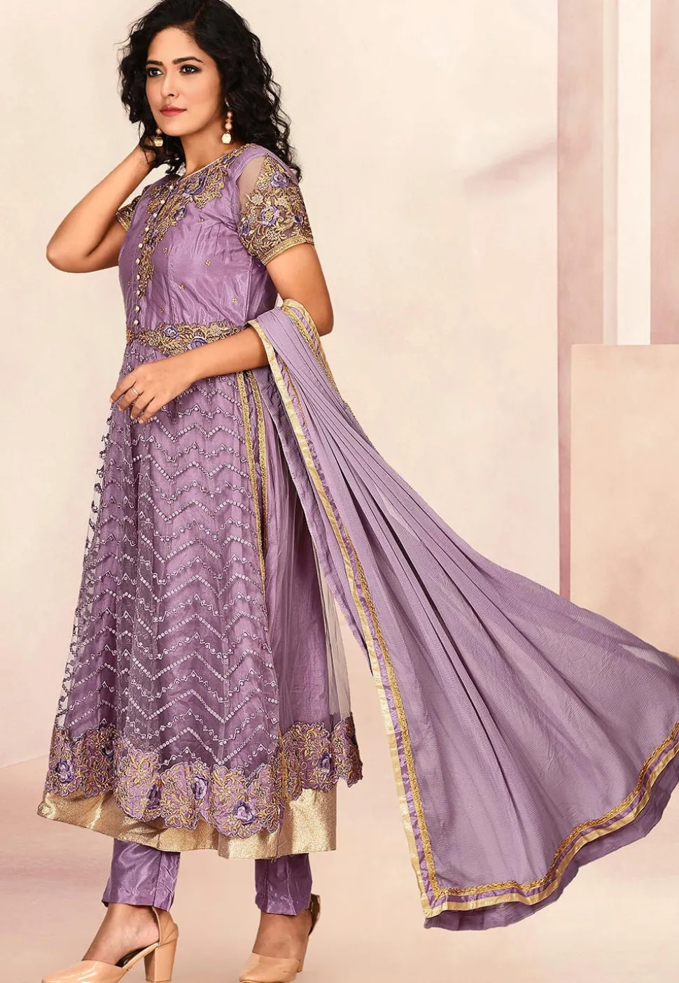 Embroidered Net Pakistani Suit in Dusty Purple