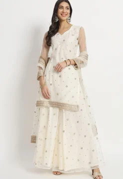 Embroidered Net Pakistani Suit in Cream