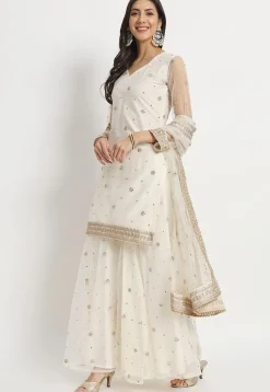 Embroidered Net Pakistani Suit in Cream
