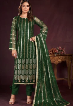 Embroidered Net Pakistani Suit in Dark Green