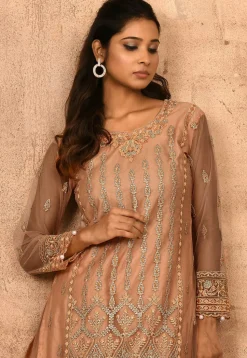 Embroidered Net Pakistani Suit in Peach