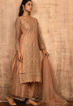 Embroidered Net Pakistani Suit in Peach