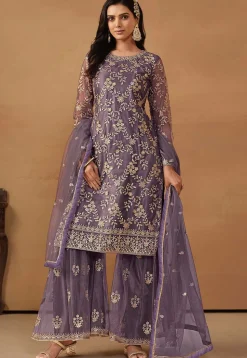 Embroidered Net Pakistani Suit in Purple