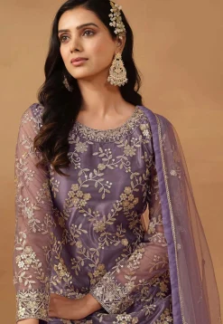 Embroidered Net Pakistani Suit in Purple