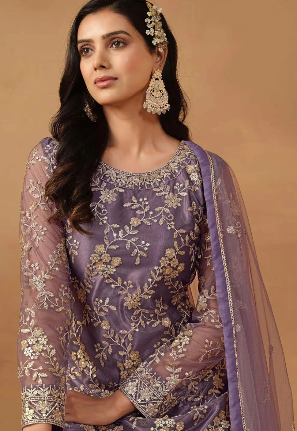 Embroidered Net Pakistani Suit in Purple