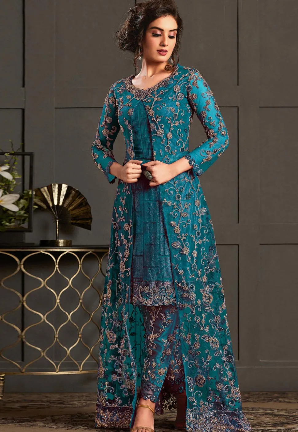 Embroidered Net Pakistani Suit in Teal Blue