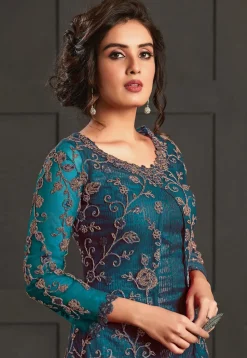 Embroidered Net Pakistani Suit in Teal Blue