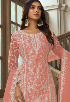 Embroidered Net Pakistani Suit in Peach