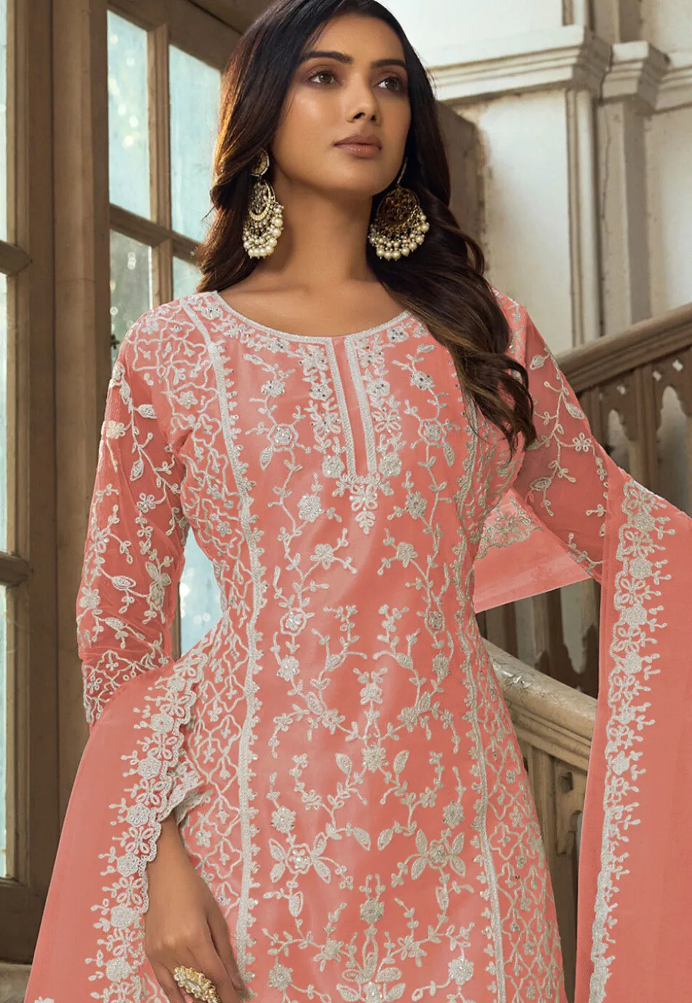 Embroidered Net Pakistani Suit in Peach