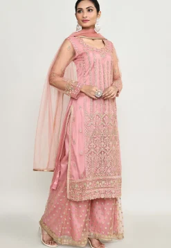 Embroidered Net Pakistani Suit in Peach