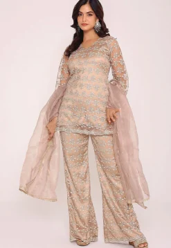 Embroidered Net Pakistani Suit in Beige