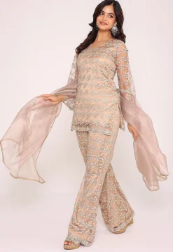 Embroidered Net Pakistani Suit in Beige