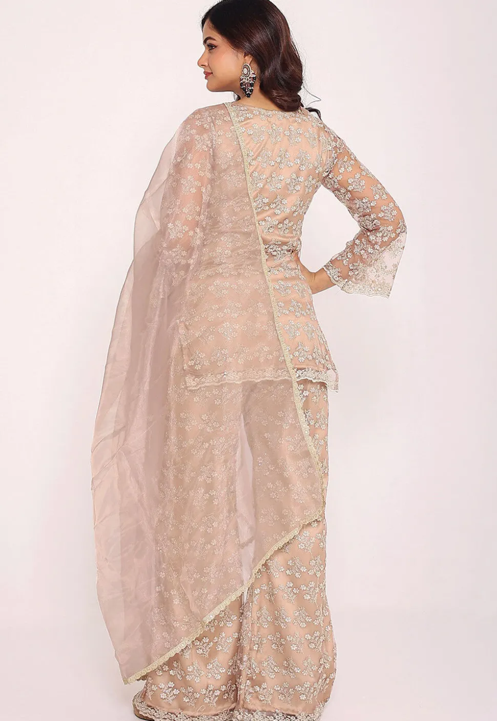 Embroidered Net Pakistani Suit in Beige