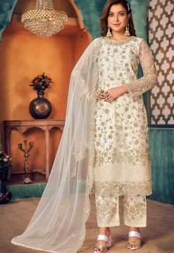 Embroidered Net Pakistani Suit in Off White