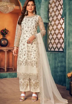 Embroidered Net Pakistani Suit in Off White