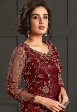 Embroidered Net Pakistani Suit in Maroon