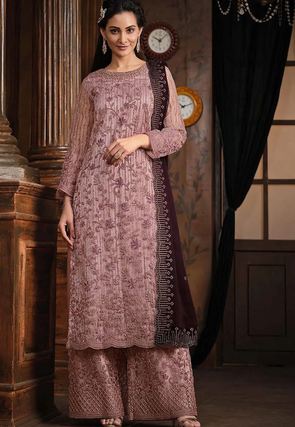 Embroidered Net Pakistani Suit in Old Rose