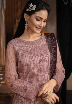 Embroidered Net Pakistani Suit in Old Rose