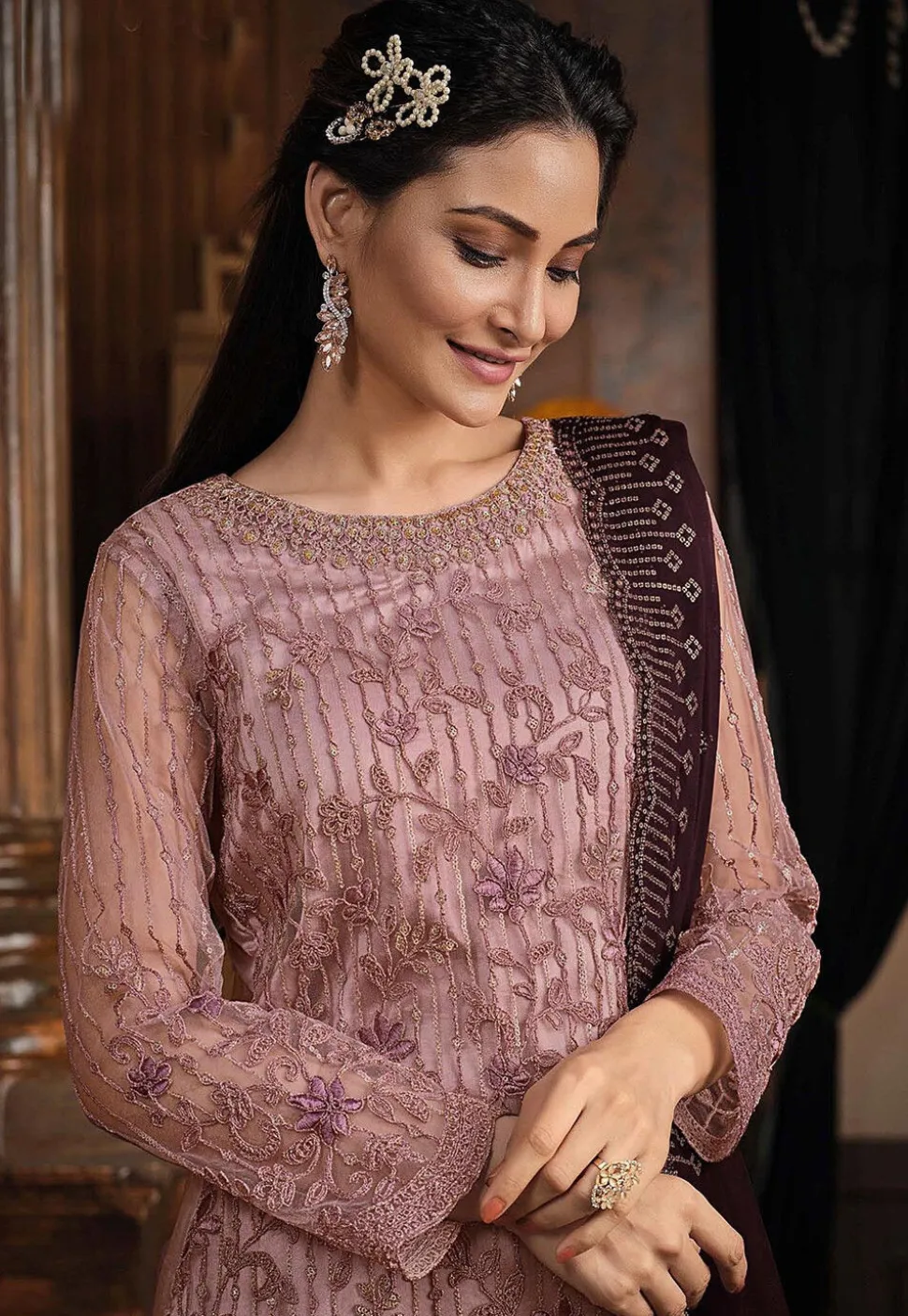 Embroidered Net Pakistani Suit in Old Rose
