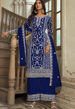 Embroidered Net Pakistani Suit in Blue