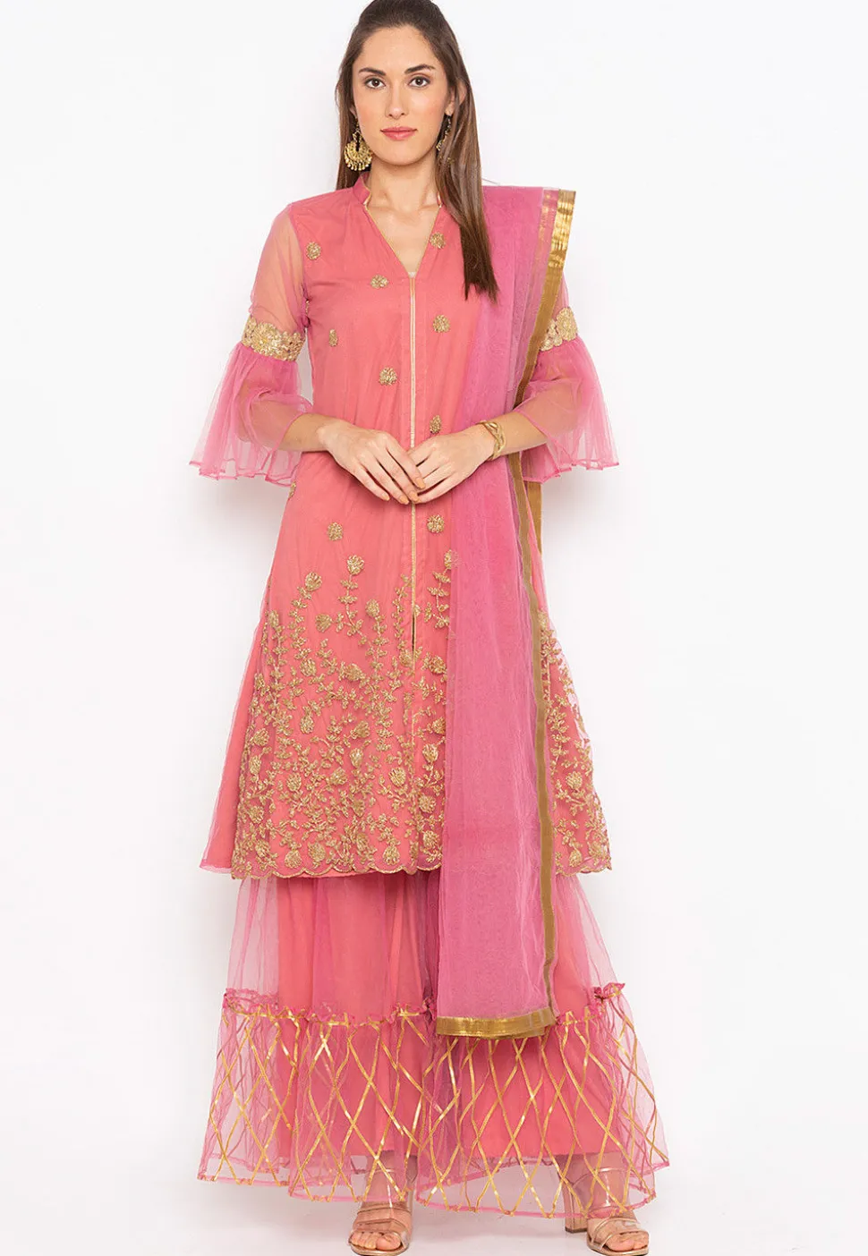 Embroidered Net Pakistani Suit in Pink