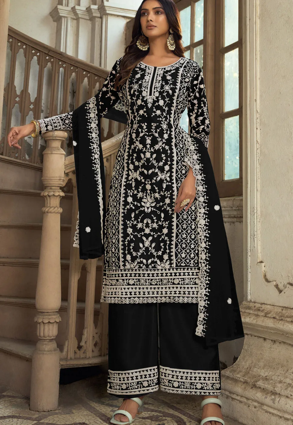 Embroidered Net Pakistani Suit in Black