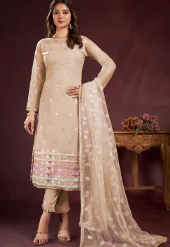 Embroidered Net Pakistani Suit in Beige