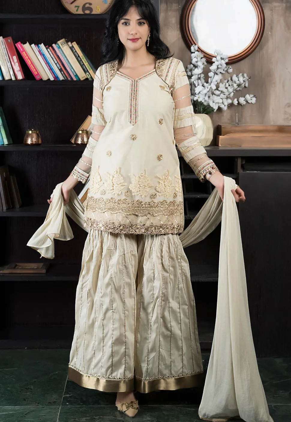 Embroidered Net Pakistani Suit in Beige