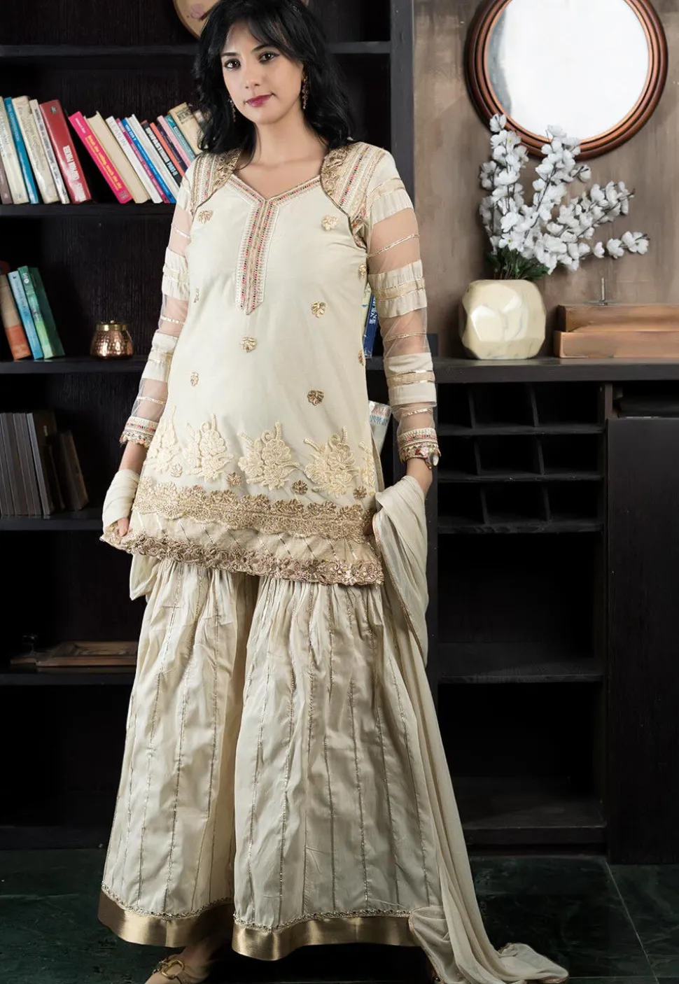 Embroidered Net Pakistani Suit in Beige