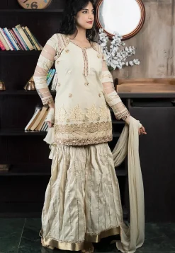 Embroidered Net Pakistani Suit in Beige