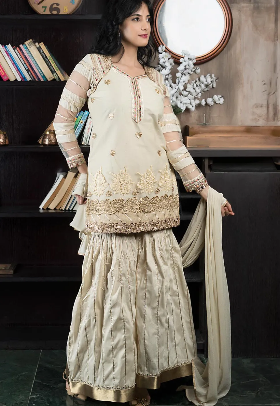 Embroidered Net Pakistani Suit in Beige
