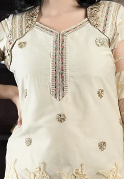 Embroidered Net Pakistani Suit in Beige