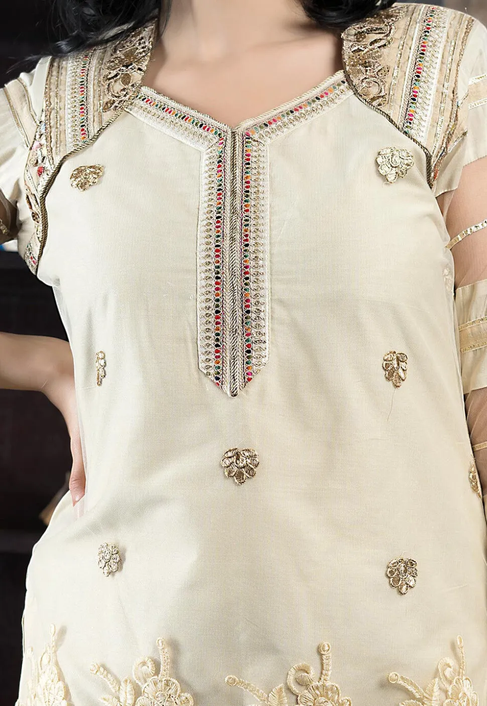Embroidered Net Pakistani Suit in Beige