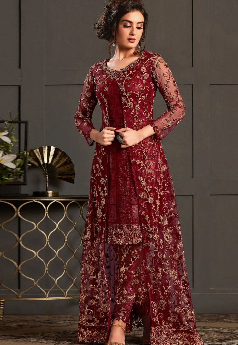 Embroidered Net Pakistani Suit in Maroon