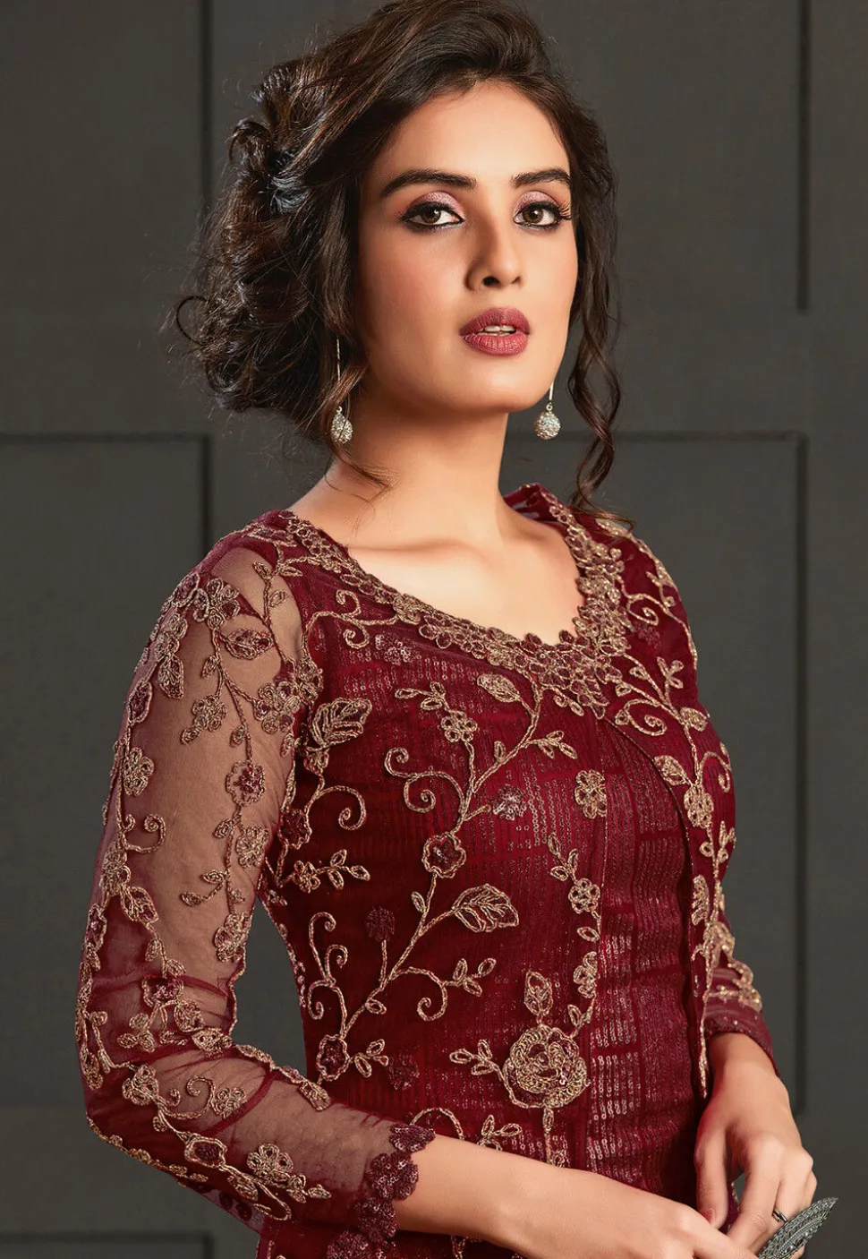 Embroidered Net Pakistani Suit in Maroon