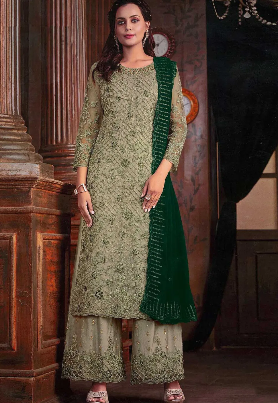 Embroidered Net Pakistani Suit in Dusty Green