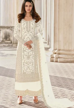 Embroidered Net Pakistani Suit in Off White