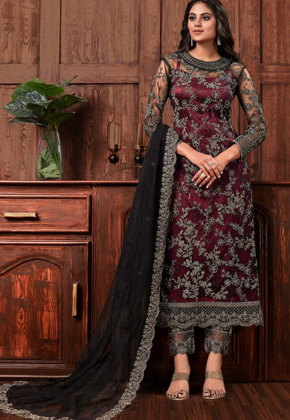Embroidered Net Pakistani Suit in Maroon