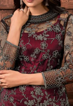 Embroidered Net Pakistani Suit in Maroon