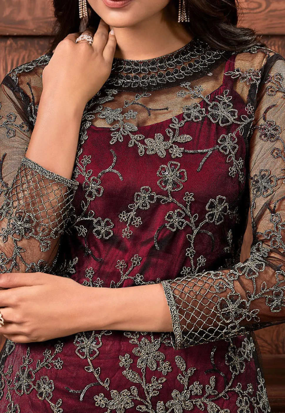 Embroidered Net Pakistani Suit in Maroon