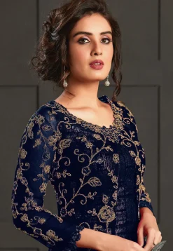 Embroidered Net Pakistani Suit in Navy Blue
