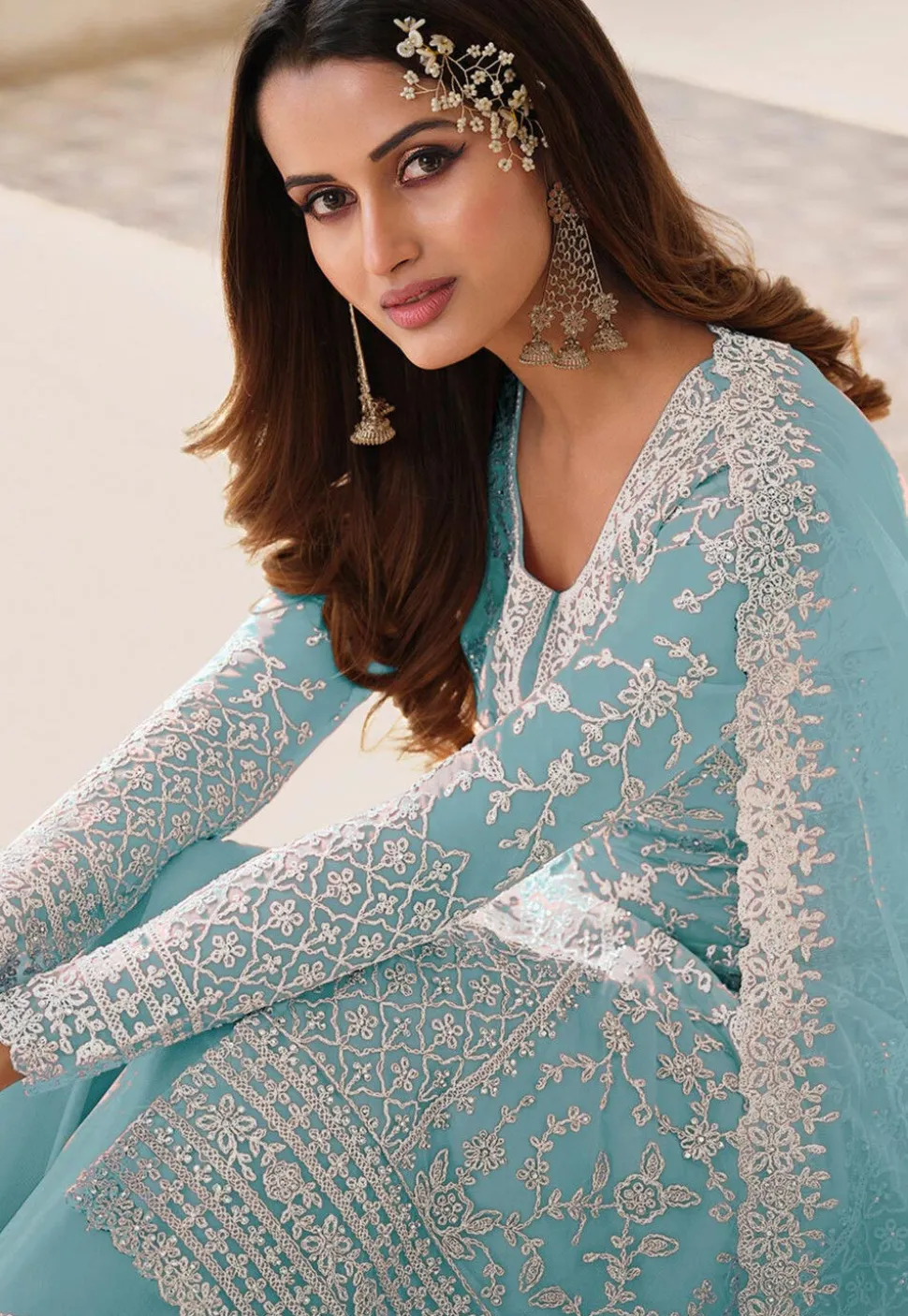 Embroidered Net Pakistani Suit in Sky Blue
