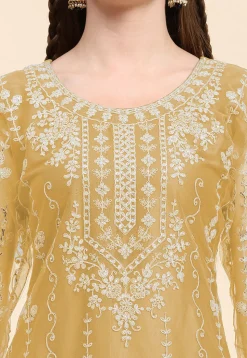 Embroidered Net Pakistani Suit in Mustard
